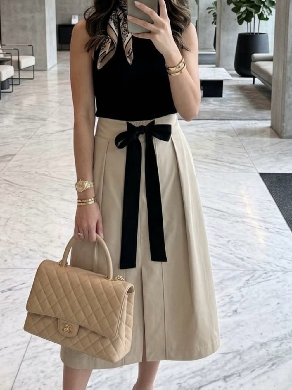 Zara Beige Midi Skirt with Black Bow Waist Tie